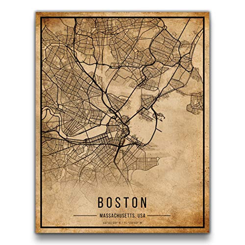 Boston Map Vintage Style Poster Print   11 inchx14 inch UNFRAMED Cityscape Artwork   Antique Style Home Decor   United States Wall Art   Vintage Massachusetts Grid Art