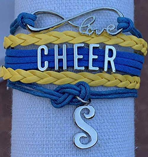 Personalized Cheer Yellow Blue Infinity Charm Bracelet with Letter Charm Custom Girls Cheerleading Jewelry - Perfect Gift For Cheerleaders and Cheer Teams Personalized Cheer Yellow Blue Infinity Charm Bracelet with Letter Charm Custom Girls Cheerleading Jewelry - Perfect Gift For Cheerleaders and Cheer Teams