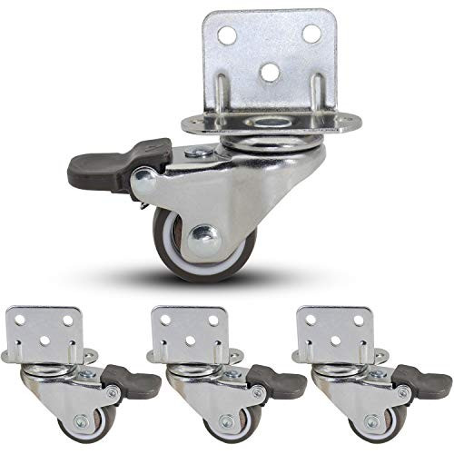 Casoter 1 inch 25mm  L-Clip Plate Swivel Caster w Brake 5 Holes Side Mount Plate for Narrow Install Place TPE Rubber Wheel Move Silent Smooth Sturdy 4 Pack Total Load Capacity 80Lbs 36Kg