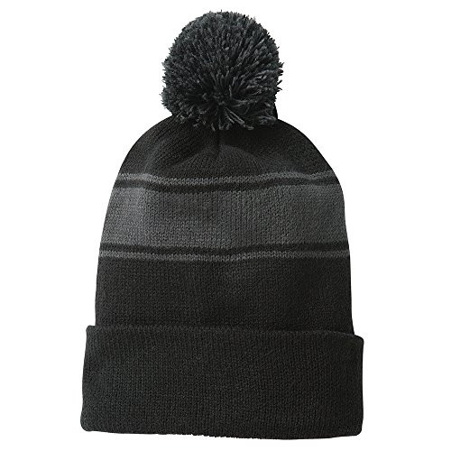 Armycrew Two Tone Stripe Acrylic Winter Pom Pom Beanie Hat - Black Grey