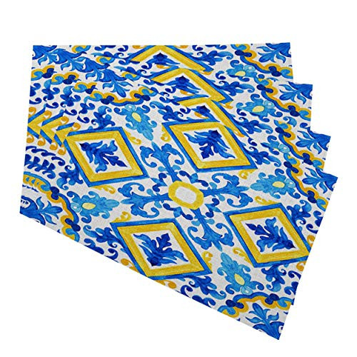 Mugod Portuguese Azulejo Tiles Placemats Blue and Yellow Gorgeous Watercolor Seamless Patterns Decorative Heat Resistant Non-Slip Washable Place Mats for Kitchen Table Mats Set of 4 12 inchx18 inch