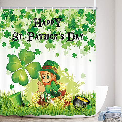 MERCHR Happy St. Patrick s Day Fabric Shower Curtain Irish Green Shamrock Leaves Leprechaun Gold Coin Hat Polyester Fabric Waterproof Bath Curtain Bathroom Shower Curtains with Hooks 69X70in