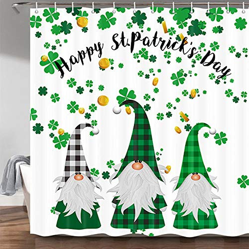 MERCHR Happy St. Patrick s Day Shower Curtain for Bathroom Green Clover Shamrock Leaf Irish Gnome Elf Design Buffalo Check Plaid Decor Cloth Fabric Farmhouse Bathroom Curtains with Hooks Sets