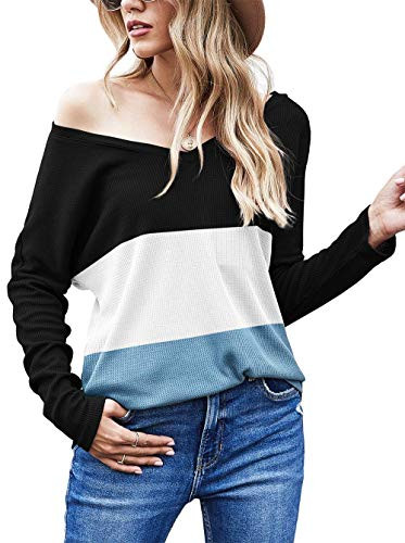 Aifer Womens Waffle Knit Shirts Casual Tops Long Sleeve Cute Off Shoulder Pullover Sweater Tops  Blue and White and Black Medium