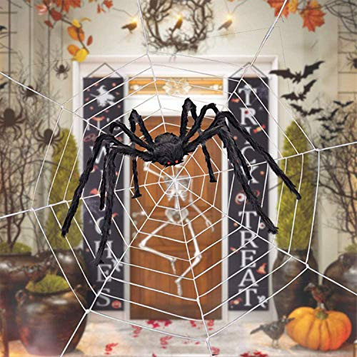 HAOYUNTE Halloween Giant Spider Web Decorations 142 Giant Spider Web with 60 Realistic Fake Hairy Spider for Halloween Yard Home Costumes Parties Haunted House Decorations