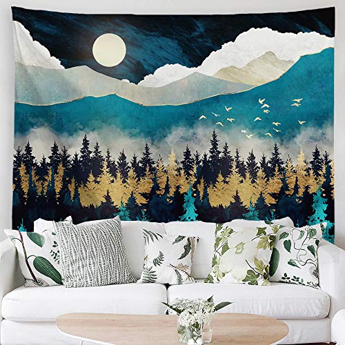 PROCIDA Forest Mountain Tapestry Moon Misty Forest Trees Blue Night Tapestry Sunset Birds Nature Landscape Art Wall Hanging for Men Bedroom College Dorm Decor with Nails 60 inchW x 51 inchL