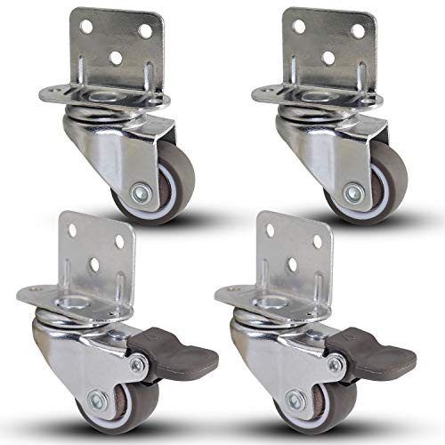 Casoter 1 inch 25mm  L-Clip Swivel Caster Combo Set - 2 Swivel  and  2 w Brake Brown TPE Rubber Wheel Metal Housing L-Shape Side Mount Plate for Furniture 4 Pack Total Load Capacity 80Lbs 36Kg