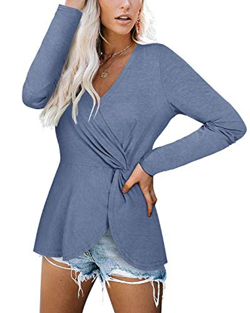 VOTEPRETTY Women s Casual Long Sleeve Wrap Shirt V-Neck Twist Knotted Tunic Blouse Tops Light Blue M VOTEPRETTY Women s Casual Long Sleeve Wrap Shirt V-Neck Twist Knotted Tunic Blouse Tops Light Blue M