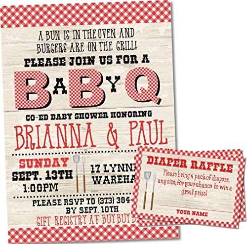 Red BABY Q Baby Shower Invitations  and  Diaper Raffle Ticket Sets Red Backyard BBQ Baby Shower Invites With Envelopes  and  Raffle Tickets