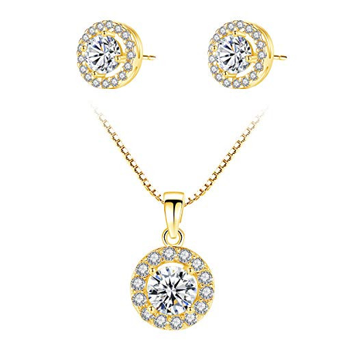 CZCITY Halo Necklace Jewelry Set for Women - 18K Gold Plated Halo Pendant Necklace Stud Earrings Set Round Cut CZ Paved 11mm Cubic Zirconia Solitaire Halo Earring Women Girls Necklace Bridesmaid Halo CZCITY Halo Necklace Jewelry Set for Women - 18K Gold Plated Halo Pendant Necklace Stud Earrings Set Round Cut CZ Paved 11mm Cubic Zirconia Solitaire Halo Earring Women Girls Necklace Bridesmaid Halo