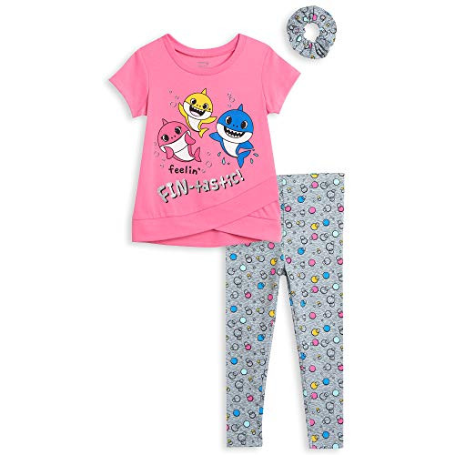 Pinkfong Baby Shark Mommy Daddy Shark Little Girls T-Shirt Legging Scrunchy Set 6-6X Pink