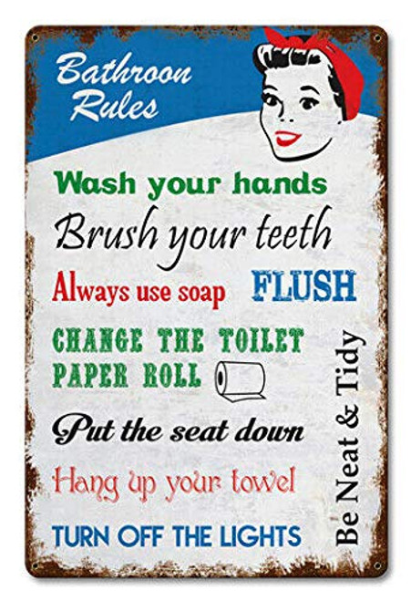 ZMKDLL Vintage Sign Bathroom Rules Metal Sign 12 inchx8 inch