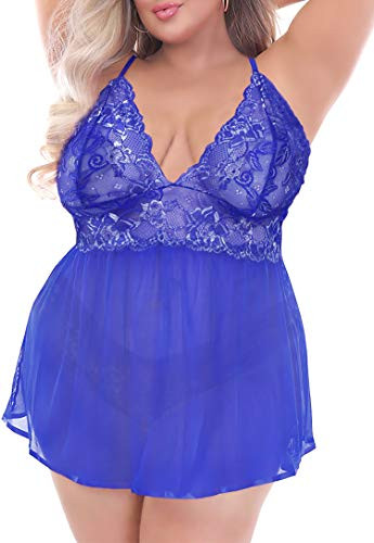 Women Plus Size Lingerie Set Lace Babydoll Sleepwear Nightgown  Blue 5XL