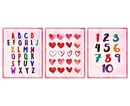 Alphabet and Numbers Nursery Decor  Set of 3 8x10 Unframed Baby Room Art Prints - Gift Idea for Any Baby Girl or Boy Nursery Wall Decor