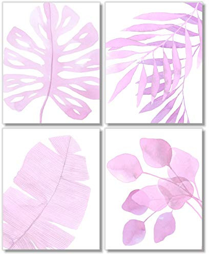 Botanical Prints Wall Art - Pink Tropical Leaves Decor - Set of 4  8x10 - Watercolor - Unframed