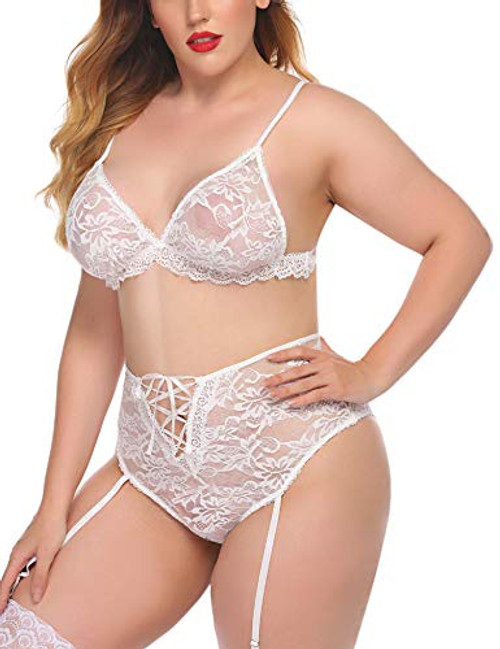 Avidlove Women Lace Bodysuit Lingerie Set Babydoll Chemise with Garter Belts White L