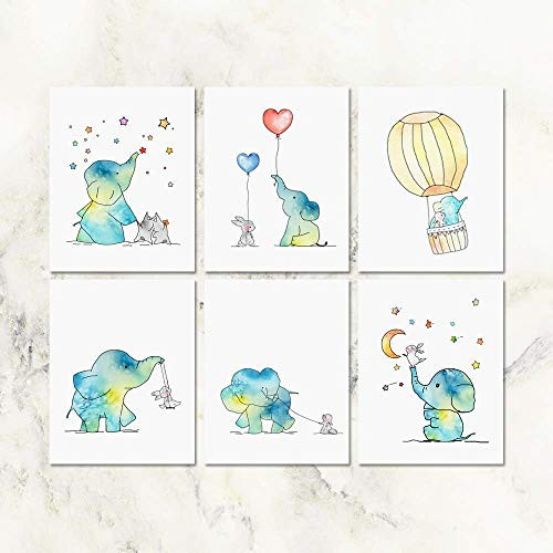 Elephant and Bunny Nursery Art Moon and Stars Art Prints Baby Blue Nursery Prints Kids Room Wall Art Sets Children Room Decor Boy s Room Girl s Room Decor 8x10inch Unframed - Set of 6