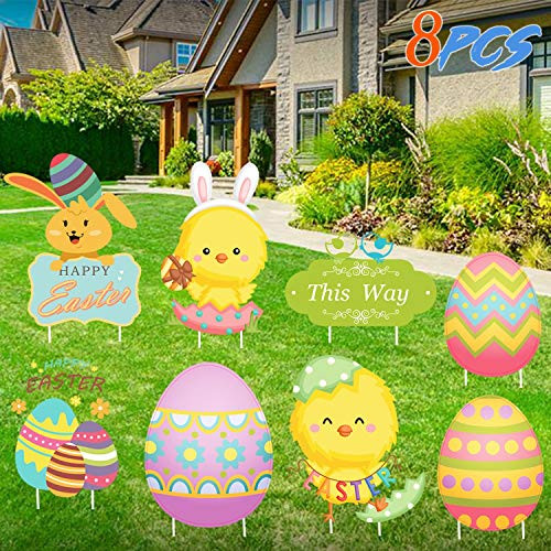 Kyerivs Easter Yard Signs Decorations Outdoor Easter Bunny Eggs and Chick Yard Stakes Sign 8 Pieces Happy Easter Lawn Decorations for Easter Game or Party