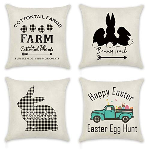 THREEMAO Easter Pillow Covers 18 x 18 Inch Bunny and Truck Cushion Farmhouse Cotton Linen Pillowcase Easter Decorations Bunny Pillowcase for Easter Decorations Couch Sofa Set of 4 THREEMAO Easter Pillow Covers 18 x 18 Inch Bunny and Truck Cushion Farmhouse Cotton Linen Pillowcase Easter Decorations Bunny Pillowcase for Easter Decorations Couch Sofa Set of 4