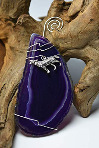 Custom Handmade Agate Slice Ornament with Silver Wolf Charm - Choose Your Agate Slice Color  - Aqua Pink Purple Blue or Natural