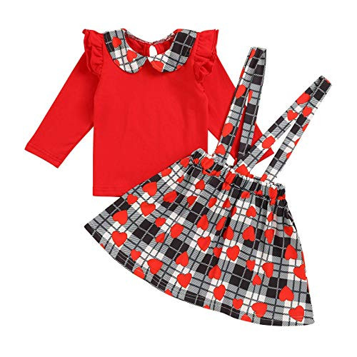 Valentine s Day Baby Girl Outfits Dress Ruffle Sleeve Tops Heart Suspender Skirt Baby Girl Clothes Set 3-4 T