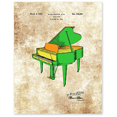 Baby Grand Piano Patent Wall Decor - Colored Patent Drawing - 11 x 14 Unframed Patent Print - Music Studio Decor - Great Gift for Pianists Musicians Composers