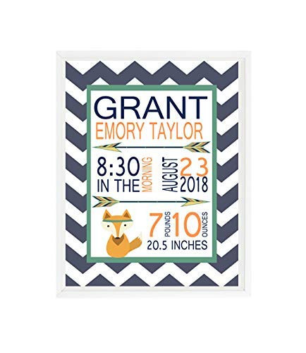 Birth Stat Wall Art Fox Nursery Baby Boy Nursery Navy Blue Green Orange Personalized Birth Stats Baby Boy Gift Custom Baby Gift