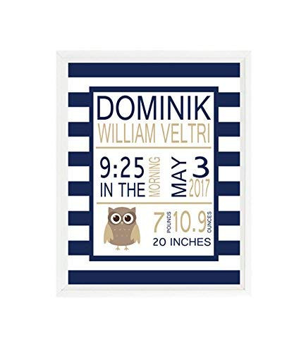 Birth Stat Wall Art Owl Nursery Baby Boy Nursery Navy Blue Tan Personalized Birth Stats Baby Boy Gift Custom Baby Gift Boy Nursery