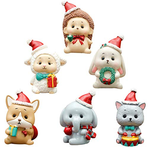 Amosfun Christmas Miniatures Snow Decorations Figurines DIY Miniature -6pcs Christmas Miniatures Figures Mini Resin Christmas Ornaments Cute Animal Cake Miniature for Snow Globe DIY Cake Decorations