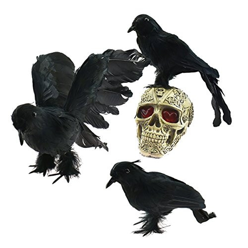 AOFOX Realistic Feathered Crows - Halloween Decoration Realistic Looking 3 Pcs Birds Black Feathered Crows Halloween Prop Décor