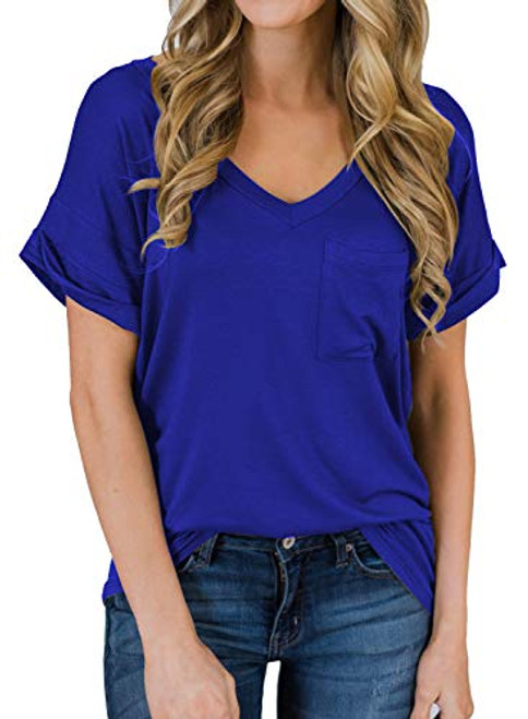 MIHOLL Women s Short Sleeve V-Neck Shirts Loose Casual Tee T-Shirt  06_ Blue Large