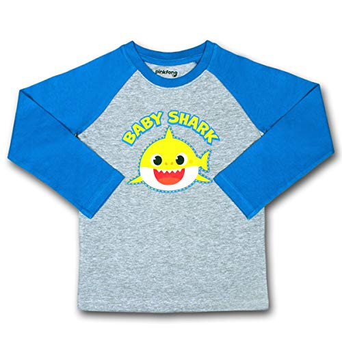 Nickelodeon Boy s Baby Shark Pullover Graphic Tee with Raglan Long Sleeves Blue Grey Size 5T