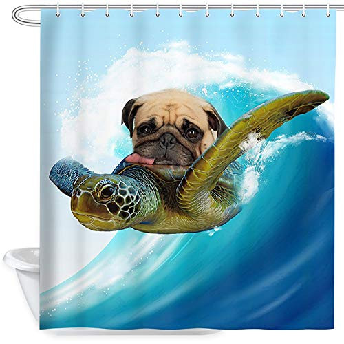 Funny Dog Shower Curtain Nautical Pug Riding Turtle on Ocean Japanese Art Bathroom Curtains Tropical Blue Sea View Fabric Shower Curtains Set with Hooks 69x70 Inches