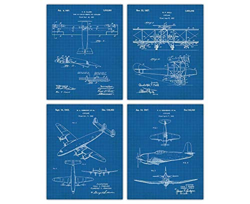 Aircraft Blueprint Patent Wall Art Prints  Unique Room Decor - Set of Four  8x10  Unframed Pictures - Great Gift Idea Under  20
