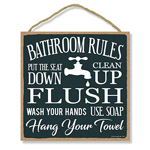 Honey Dew Gifts Bathroom Decoration Bathroom Rules Flush Seat Down Clean Up 10 inch by 10 inch Hanging Decorative Wood Sign Home Decor