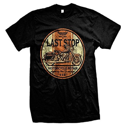 Last Stop Motorcycle T-Shirt Biker Rider Route 66 Harley Vintage Mens Black Tee  Medium