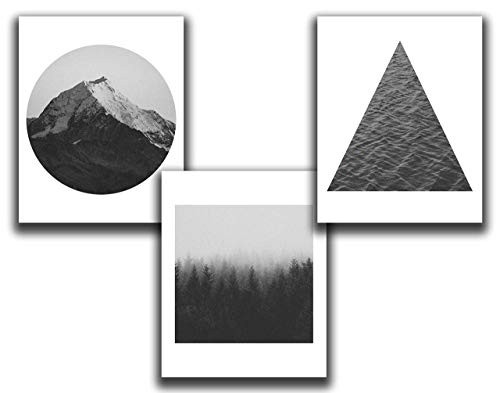 Nature Wall Decor - Set of 3-8x10 inch UNFRAMED Prints - Foggy Forest Mountain Ocean Wall Decor - Black  and  White Wall Art - Minimal Scandinavian Relaxing Wall Prints