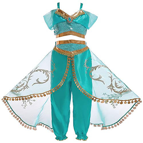 Kid Girls Arabian Princess Aladdin Dress up Costume Sequined Jasmine Cosplay Halloween Party Dress Up  Blue 7-8 T