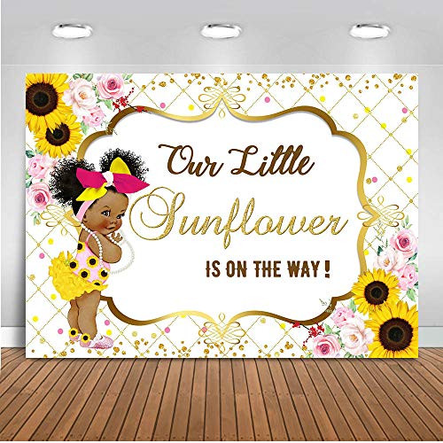 Mocsicka Sunflower Baby Shower Backdrop 7x5ft Vinyl Fabric African American Baby Girl Baby Shower Photo Backdrops Our Little Sunflower is on The Way Photography Background