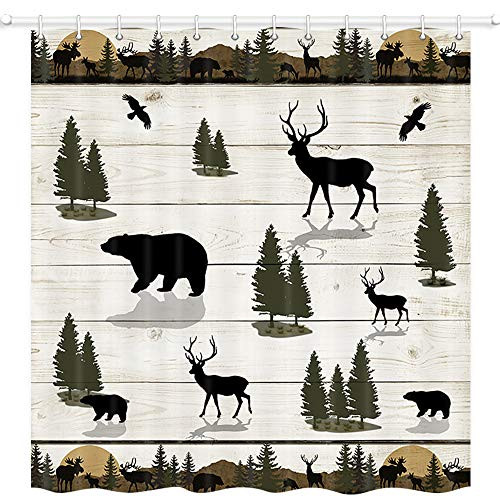 Bear and Deer Shower Curtain Wild Life in Forest Sunset on Country Wooden Plank Shower Curtain Cabin Rustic Fabric Shower Curtain Set with 12 Hooks Bathroom Curtain Waterproof  69x70inches