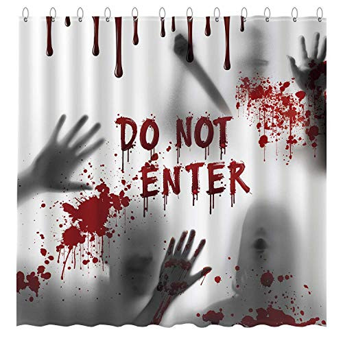 Funnytree Halloween Do Not Enter Shower Curtain Set with Hooks Scary Bloody Handprint and Shadowy Figure Bathroom Bathtubs Decor Easy Care Waterproof Washable Durable Polyester Fabric 72 inchx72 inch
