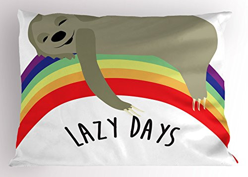 Ambesonne Sloth Pillow Sham Lazy Days Phrase with Carefree Sloth on Rainbow Happiness Relaxation Theme Decorative Standard Size Printed Pillowcase 26 inch X 20 inch Soft Beige