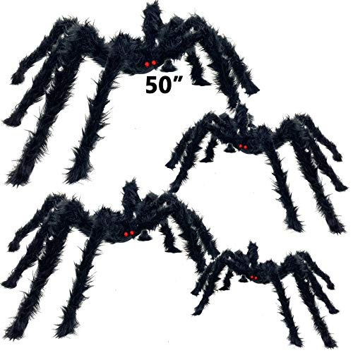 TURNMEON Realistic Hairy Spiders4 Pcs Giant Scary Spider Toys with Red EyesLarge Spider Decorations Halloween Props Indoor Outdoor Yard Tree Halloween Party Supplies Creepy Decor Haunted House