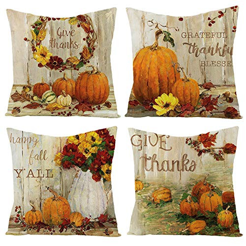 PTHAHNIL Pumpkin Pillow Covers Set of 4 Autumn Harvest Decorations Fall Decor Grateful Thanksgiving Throw Pillow Covers Cushion Cover 18 X 18  Style D