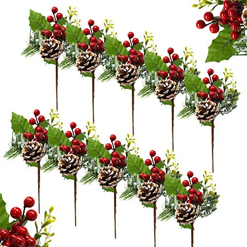 BANBERRY DESIGNS Pinecone and Berry Christmas Picks - Set of 10 Holiday Stems with White Snow-Covered Pine Cones and Berries - 8 Inches Holiday Greenery Sprays Floral