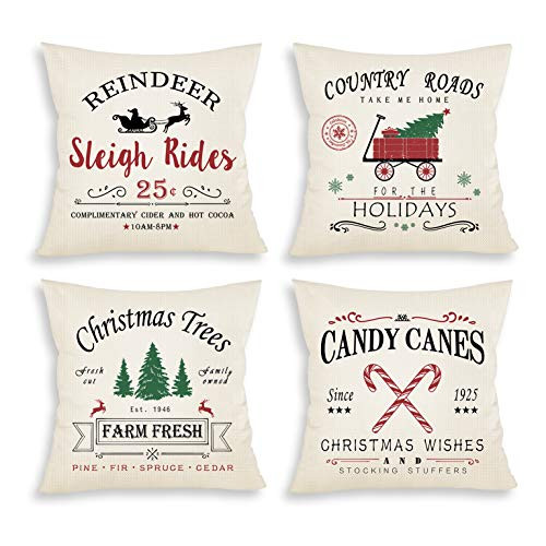 Sionoiur Christmas Decorations Throw Pillow Covers 18x18 Set of 4 Christmas Tree Truck Winter Holiday Throw Pillows Farmhouse Xmas Decor for Home Square Cotton Linen Cushion Cases for Sofa Couch