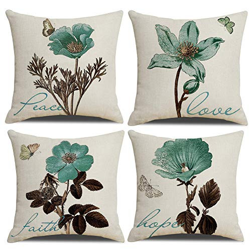 Jasfura Set of 4 Spring Teal Flower Throw Pillow Covers 18x18 Inch Decorative Couch Pillow Cases Cotton Linen Case Square Cushion Covers for Living Room Bed Sofa and Car  Teal