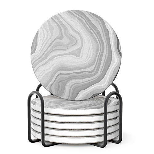 LIFVER Coasters for Drinks Absorbent Coasters with Holder Sandstone Drink Coasters Absorbent Tile Coasters for Drinks Coaster Set Ceramic for Kinds of Drink Gray Marble Style 4 Inches Set of 6