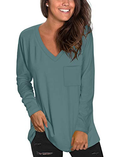 NSQTBA Womens Tunic Tops for Leggings V Neck Long Sleeve Fall Shirts Basic Tees Green Blue M