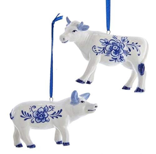 Kurt Adler Blue and White Delft Cow and Pig Porcelain Christmas Holiday Ornaments Set of 2